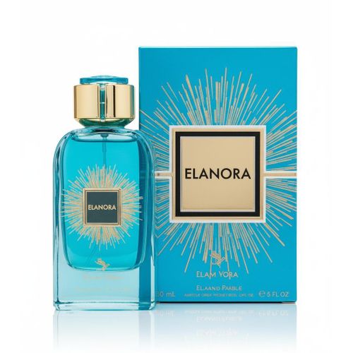 Blue glass perfume bottle with gold cap and ELANORA label, with matching blue gift box