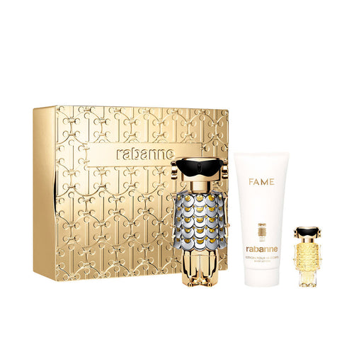 Fame Eau de Parfum gift set: gold box, bottle, lotion and mini spray