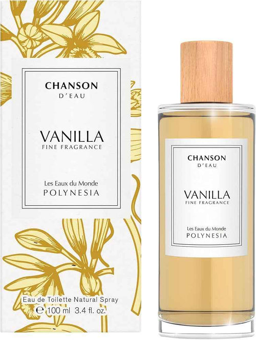 Vanilla fine fragrance spray box and bottle, wood cap, gold-amber liquid.