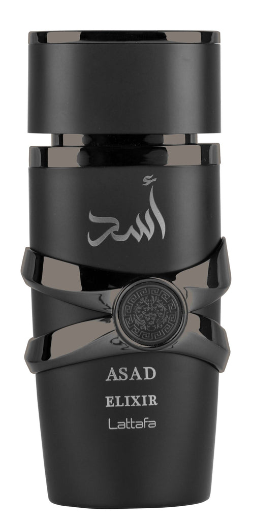 Lattafa Asad Elixir 100ml EDP dark matte black bottle with cap and Arabic logo