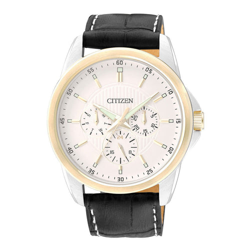 Men’s wristwatch with black leather strap, gold-tone bezel, white dial and subdials