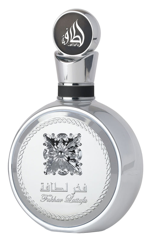 Lattafa Fakhar Platin 100ML men’s EDP, silvery round bottle with black cap
