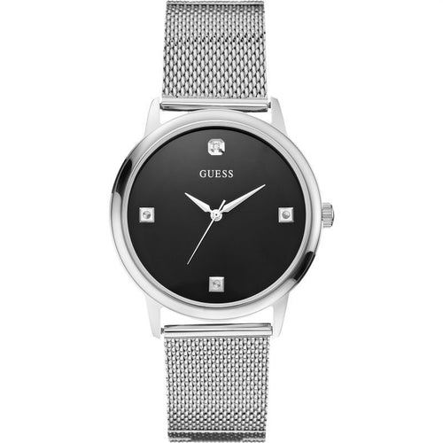 GUESS mens quartz analog watch, black dial with silver mesh bracelet