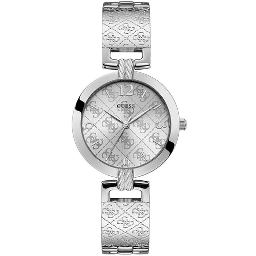 Armbanduhr mit silberfarbenem Metallband, rundem Zifferblatt mit Logo-Pattern