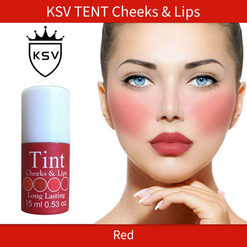 Long-lasting tint for cheeks and lips in red raspberry, small bottle with cap