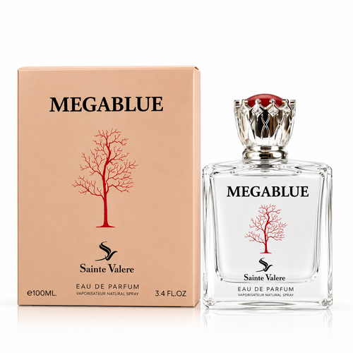 Sainte Valere Megablue Eau de Parfum in a clear glass bottle with ornate cap and peach box
