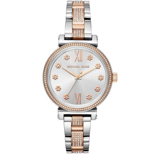 Two-tone wrist watch with white dial, crystal bezel, floral Roman numeral markers