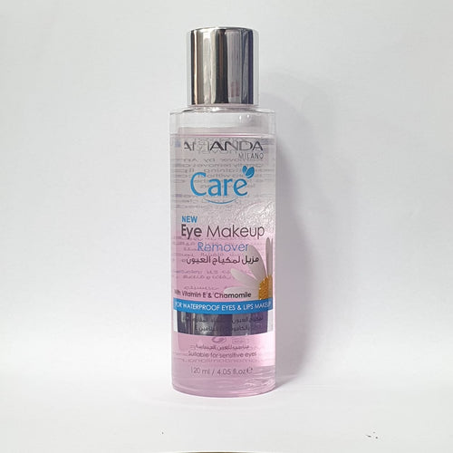 Eye makeup remover bottle, 120ml, transparent pink liquid with silver cap.