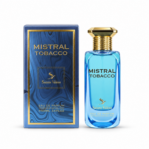 Sainte Valere Mistral Tobacco Eau de Parfum, blue glass bottle with gold cap beside matching box