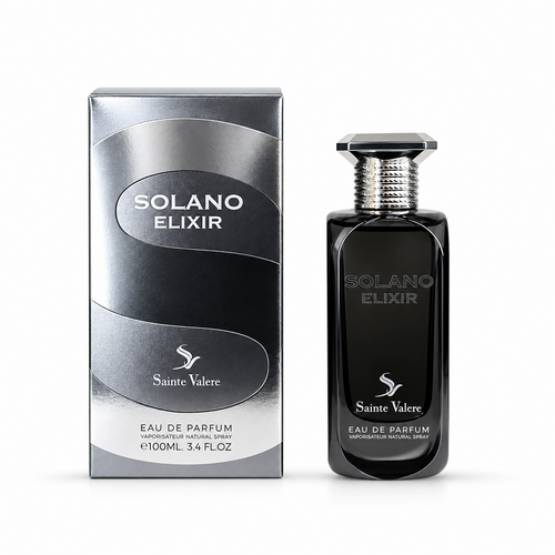 Solano Elixir Eau de Parfum in a black glass bottle with silver cap and matching box