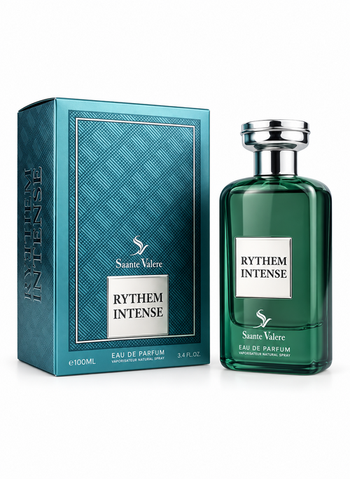 Sainte Valere Rythem Intense EDP bottle and box, green glass with silver cap, 100 ml.