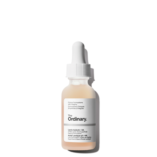 The Ordinary lactic acid 5% + HA serum bottle with dropper, amber liquid