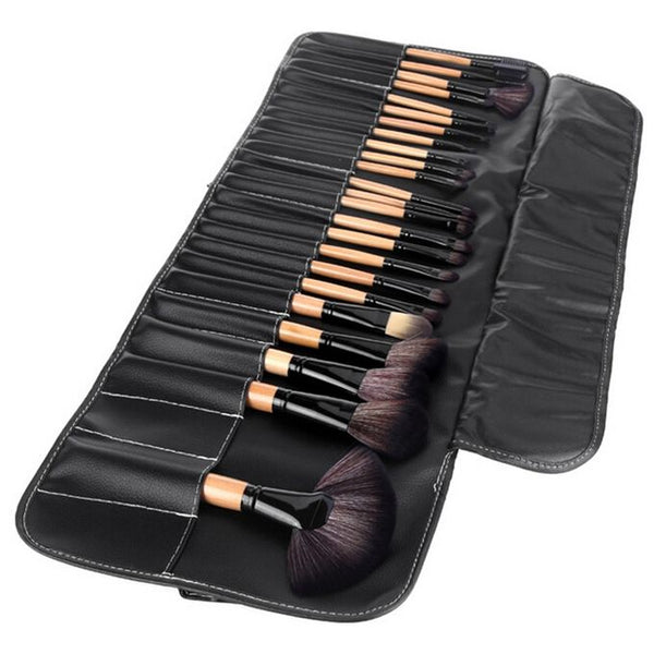 Generic 32 PCS Wood Color Handle Makeup Brush Set Beauty Kit   PU Leather Carrying Case - ELBEAUTE